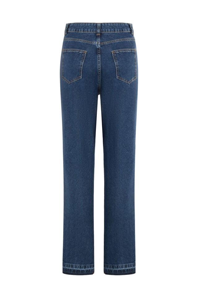 Paçası Yırtmaçlı Lacivert Denim Pantolon