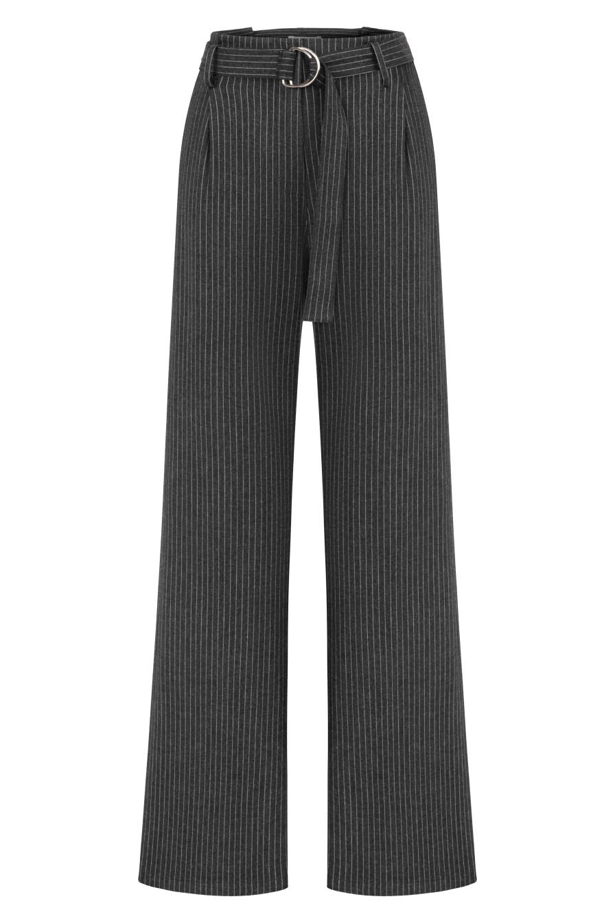 Gri Çizgili Kemerli Pantolon