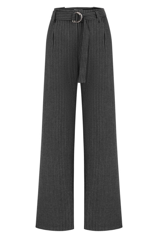 Gri Çizgili Kemerli Pantolon