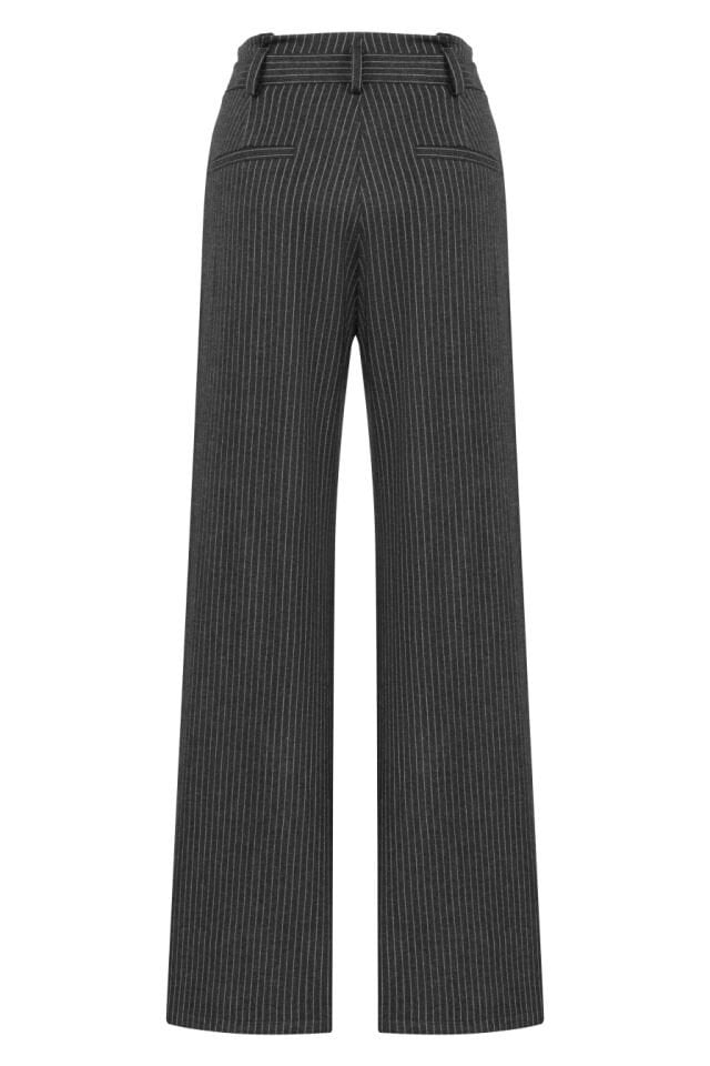 Gri Çizgili Kemerli Pantolon