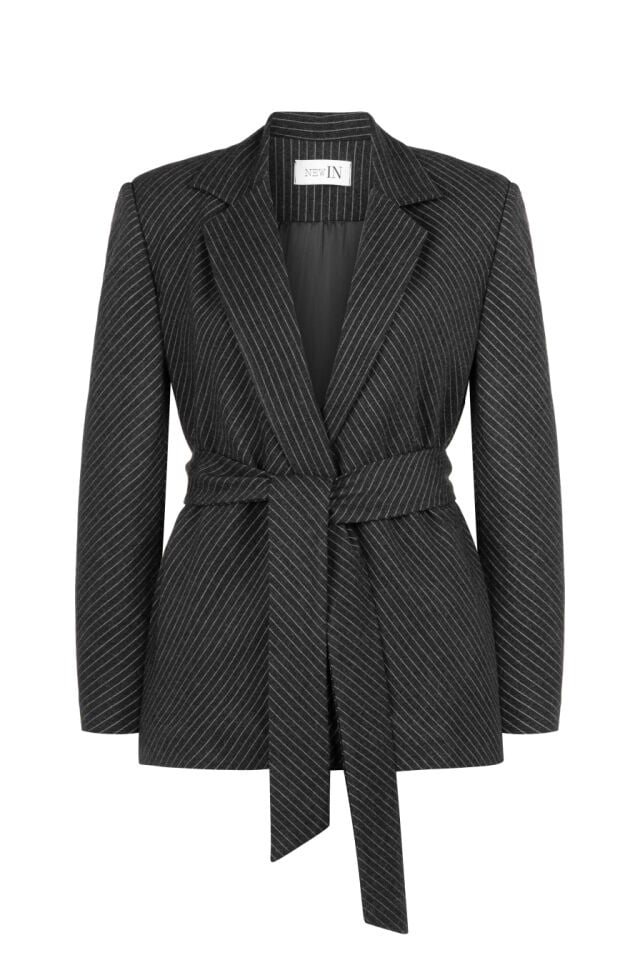 Gri Çizgili Kemerli Blazer Ceket