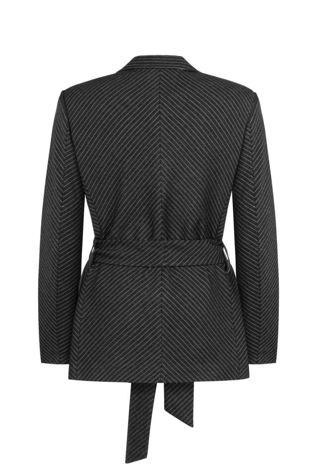 Gri Çizgili Kemerli Blazer Ceket