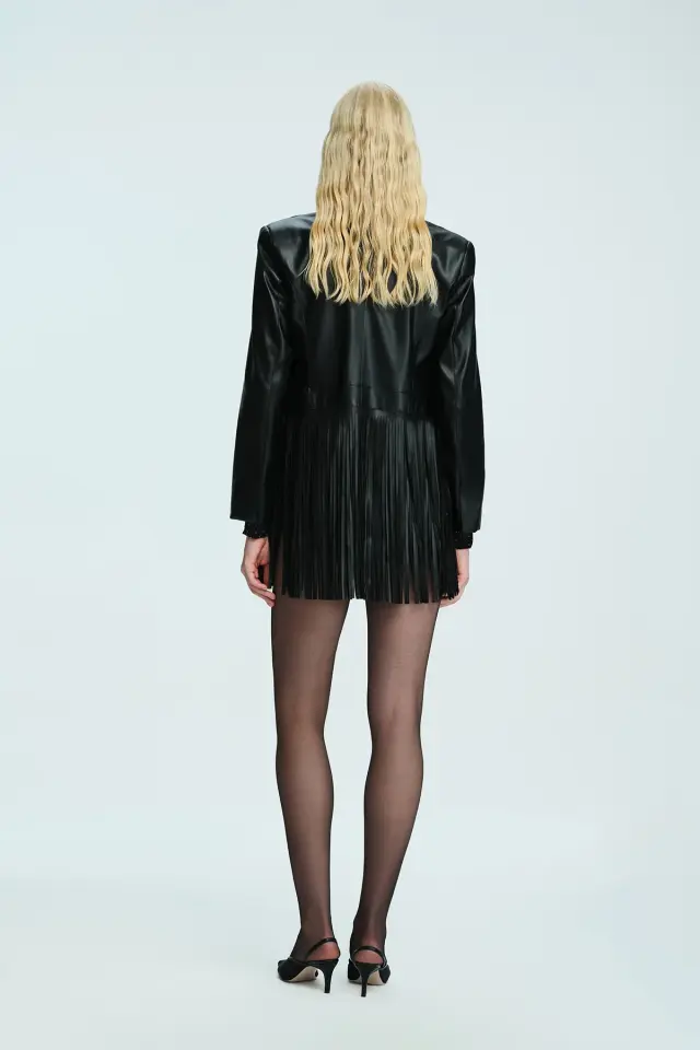 Saçaklı Detaylı Nero Deri Ceket