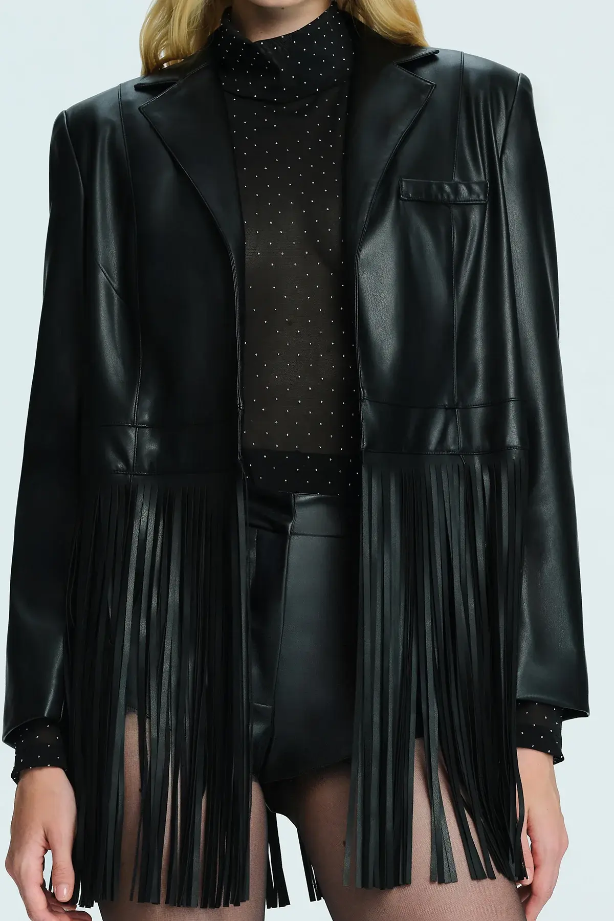 Saçaklı Detaylı Nero Deri Ceket