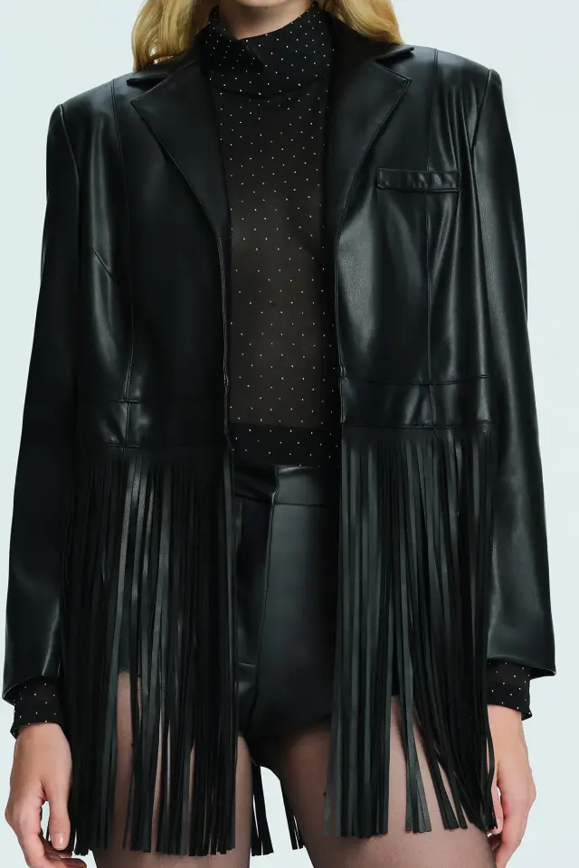 Saçaklı Detaylı Nero Deri Ceket